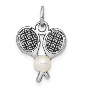 Million Charms 14K White Gold Tennis Racquets W/FWC Pearl Necklace Charm Pendant
